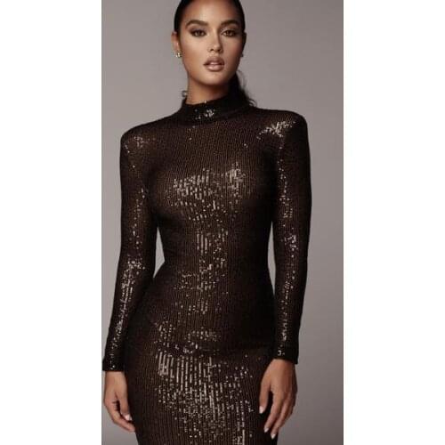 New WomenS Silver Dress Sequins Long-Sleeved Bag Hip Nightclub Dress Long Paragraph Elegant Slim Casual Dress WomenS Vestidos