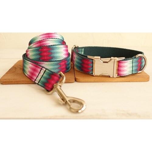 Customized Dog Collar Engraved Puppy ID Tag Leash Collar Set Adjustable Outdoor Fashion Print Pet Collar Leash GREEN PEACOCK