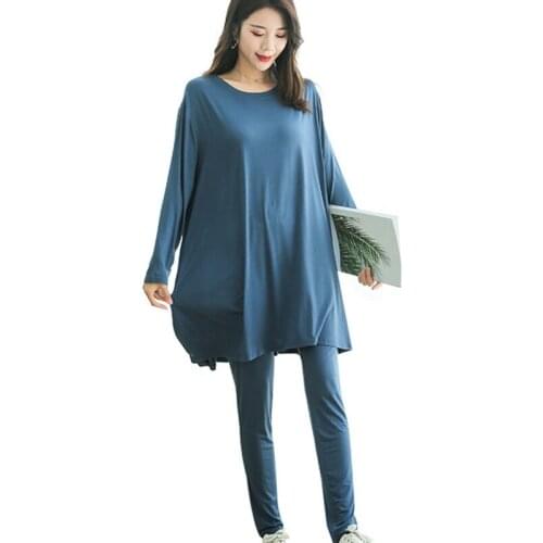 Plus size pajamas women spring and autumn two-piece suit fat mm home service long-sleeved suit feet pants blue Sleepwear пижама