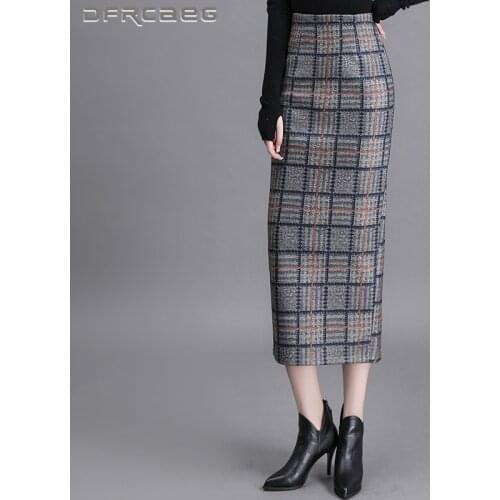 High Waist Plaid Woolen Straight Skirt Women 2021 Autumn Winter Slim Warm Elegant Split Wool Long Skirts Femme