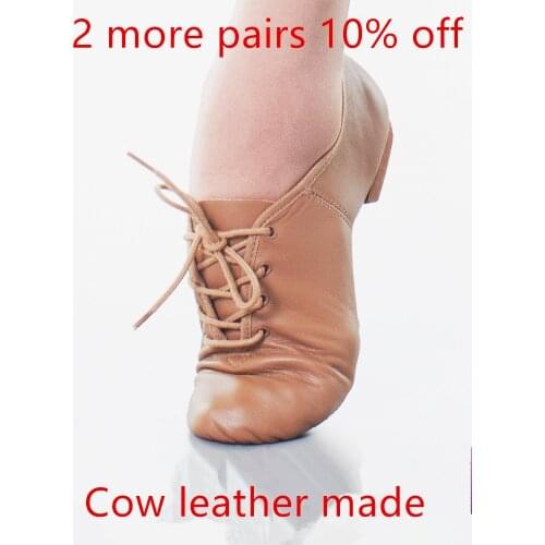 Genuine Cow Leather Lace Up Oxford Jazz Dance Shoes Split Sole Black Tan Tie Boy Girl Women Footwear Modern Ballet Contemporary
