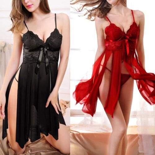 Female Sexy Lace Mesh Nightdress Deep-V Slit Backless Nightwear Erotic plus size see-through mesh underwear uniforms seduction