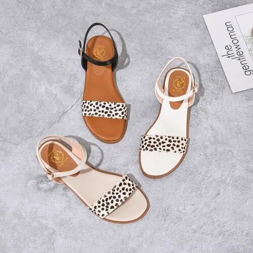 SKLFGXZY New Summer Style Girls Sandals Genuine Leather Fashion Leopard Grain Womens Shoes Real Cowhide Sandals Size 34-43