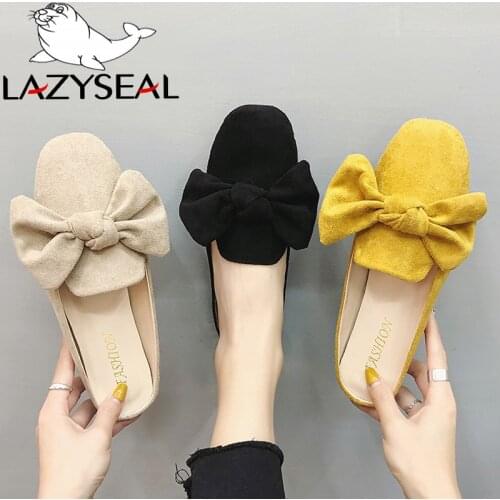 LazySeal New Summer Female Flat-Soled Bow Knot Mules Shoes Women Flip Flops Woman Slides Breathable Baotou Slipper Mujer Zapatos
