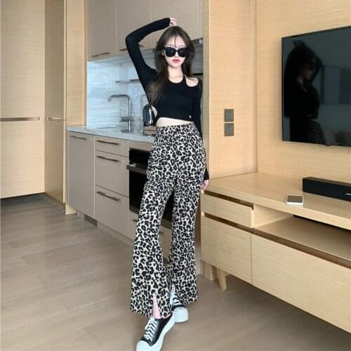 Leopard print flare pants for women 2020 fall new vintage high waist split loose casual wide leg trouster