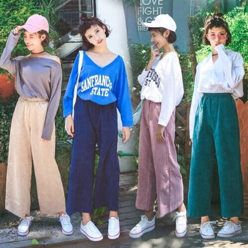 Women casual pants Wide Leg Pants Elastic Waist Autumn New Loose Brief Pockets Women Trouser 7 Colour Corduroy Pants