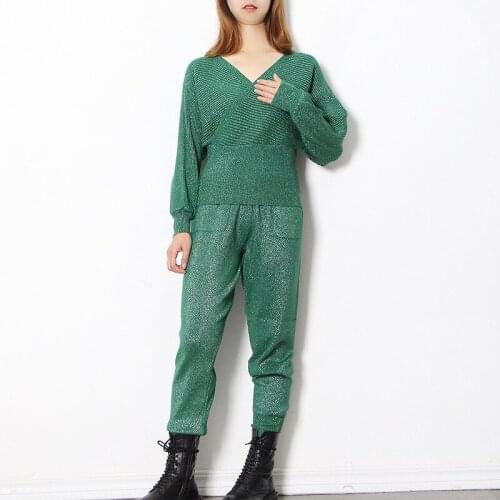 2020 Winter New Fashion Sexy V-neck Open Back Slim Sweater+High Waist Pants Knitted Suit Ladies Solid Color Coat 2 Pieces