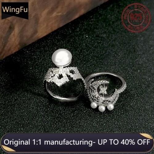 Women fashion s925 sterling silver moon shape with natural pearl ring luxury brand Monaco jewelry birthday gift