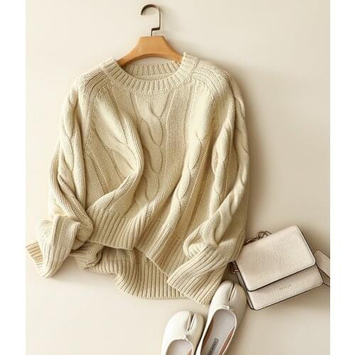 Winter new styles 100% yakwool crew neck long sleeve cable knitted thick sweater for women