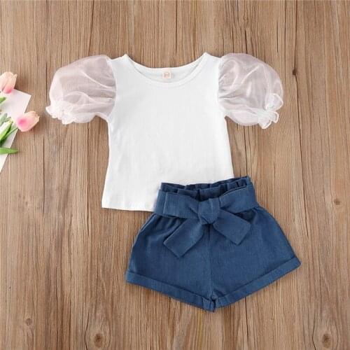 2PCS Toddler Kids Baby Girls clothes lace puff sleeve Clothes Outfit T-shirt Tops+Shorts Set clothes Summer
