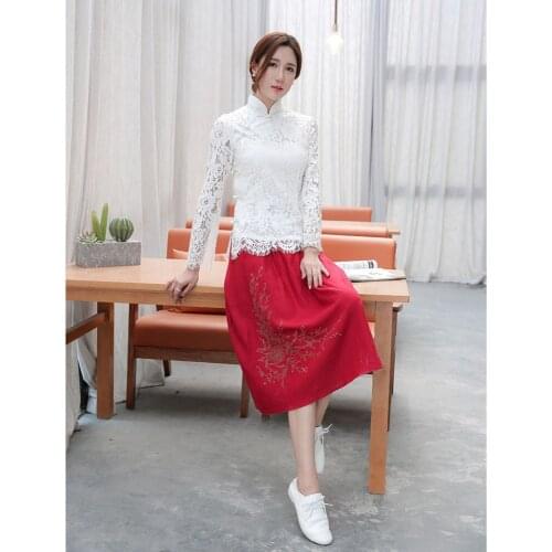 White Lace Blouse Women Hollow Out Flare Long Sleeve Shirt Sexy Chinese Traditional Style Casual vestido chino new arrival
