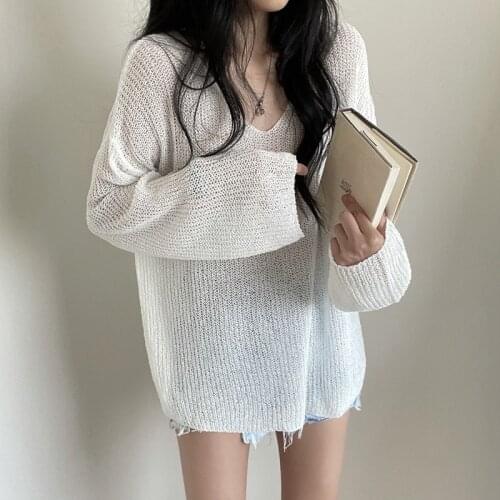 2021 Early Autumn White Blouse Hollow Out Sunscreen Sweater Lady Tops V-neck Sweater Summer Sunscreen Loose Blouse New 15734