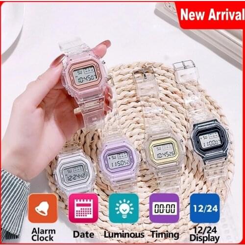 Luminous Alarm Clock Sports Waterproof Multifunctional Electronic Watch Transparent Square LED Watch for Men Women Students