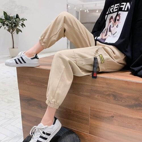 Black Khaki Women Casual High Waist Cargo Pants Ladies Loose Fashion Solid Trousers Side Pockets Elastic Waist Capris Hot Sale
