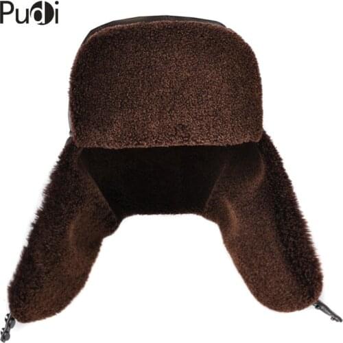 HL174 Genuine Leather Mens Bomber Hats With Earlflap Russian Winter Faux Fur Earmuffs Caps Brown Black Colors