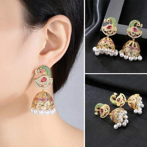 Indian Jhumka Bollywood Ethnic Gypsy Jhumki Crystal Beads Tassel Bells Drop Dangle Earrings Bridal Wedding Party Jewelry Zircon
