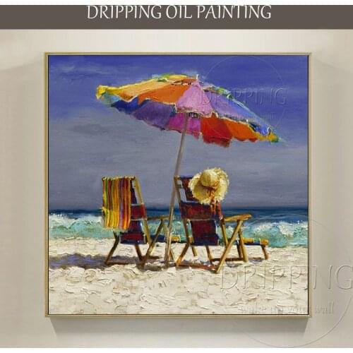 Artist Hand-painted High Quality Textured Knife Landscape Beach Oil Painting on Canvas Beach Chair and Umbrella Oil Painting
