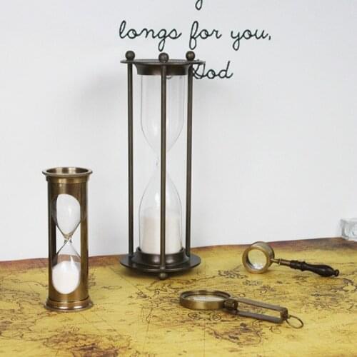 Handmade Brass Vintage Sand Clock Timer Magnifying Glass Desk Study High-End Decorative Ornaments Antique Collection Lucky