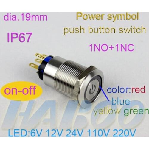 1pcs lighting switch metal push button switch with led dia.19mm power symbol head anti-vandal on-off switch 24V shipping free