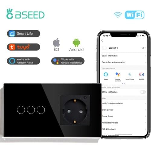 Mvava BSEED 16A WIFI Touch Light Switch 3Gang 1/2/3 Way Wall Sensor Switches EU Wifi Socket Tuya Alexa Google Smart Life App