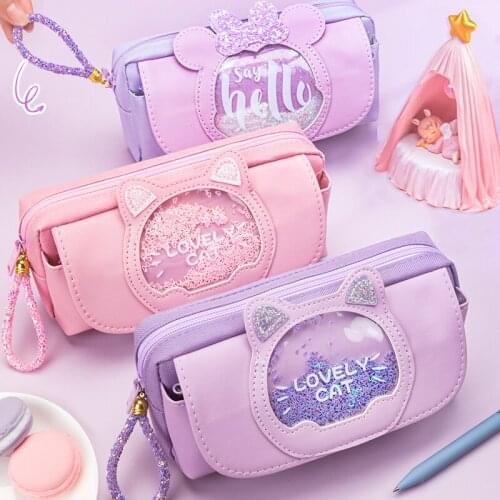 2021 New Pencil Case Girl Pencil Case Card Love Cartoon Cat Large-capacity Net Red Quicksand Pencil Bag Popular Stationery Bag