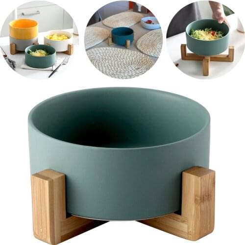 Original Nordic Salad Bowl with Wooden Shelf Creative Durable Ceramic Container Fruit Dessert Dish Tray Pure Color High Quality