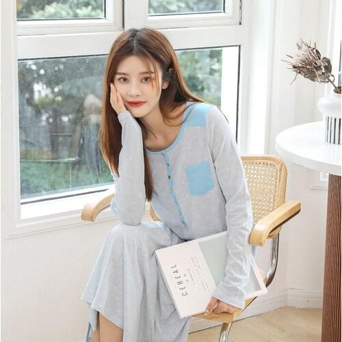 Autumn Womens Nightdress, Long-sleeved Cotton Nightdress, Printed Loose Plus Size Plus Long Dress, Casual and Simple Home Wear