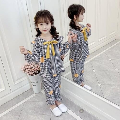 Girls Pajamas Spring and Autumn Cotton Long Sleeve Suit Childrens Fashion Ruffles Plaid Spliced Clothing Set Home Clothes P324