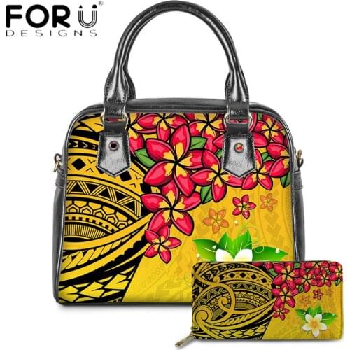 FORUDESIGNS Hot Style Poly Hawaii Plumeria Printing Luxury PU Leather Handbag And Purse For Women Casual Female Messenger Bolsa