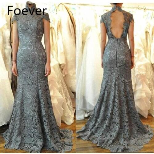 Modest Gray Lace Evening Dresses 2019 Short Sleeves High Neck Long Prom Gowns Open Back Vestido De Madrinha