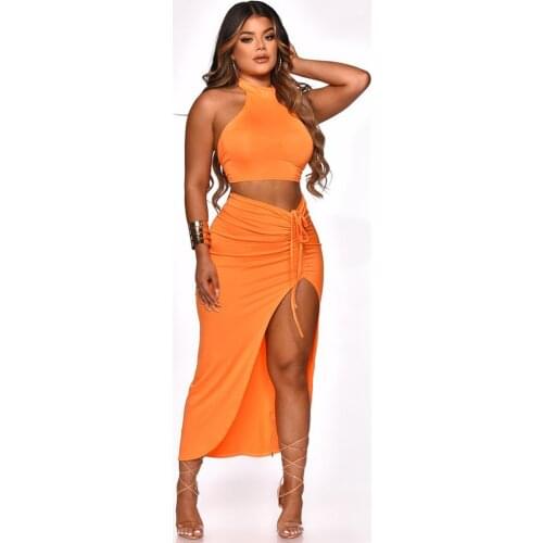 Ruched Drawstring Bandage Sexy Two Piece Dress Set Halter Backless Crop Top and Side High Split Skirt Summer Off Shoulder Suit