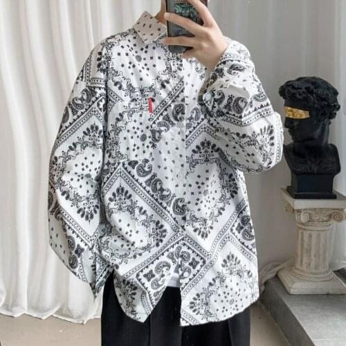 Loose Shirts Men Cashew Flowers Casual Long Sleeve Folk-custom Tide Lapel Top Base Shirt Oversize Coat Male Clothes Four Seasons