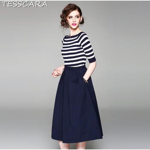 TESSCARA Women Elegant Knitting Dress Suit Set Festa Female High Quality Vintage Stripe Designer Vestidos Office Robe Femme