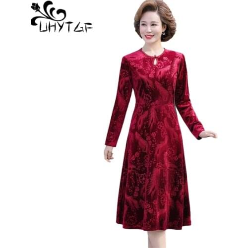 UHYTGF Spring Autumn Dresses For Women Long Sleeve Casual Vintage Female Clothes Fashion Mom 5XL Plus Size Dress Vestidos 1344