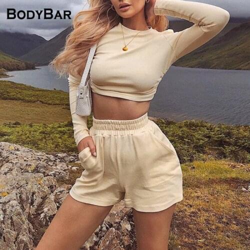 Spring Chic Long Sleeve Open Back Set Pure Color Bandage Crop Top+High Waist Shorts Two Piece Suit Sexy Tracksuits Femme Outfits