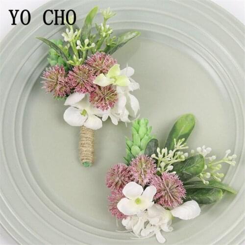 YO CHO White Silk Rose Groom Boutonniere Wrist Corsage Bracelet Bridesmaids Flower Wedding Groomsmen Boutonniere Buttonhole Prom