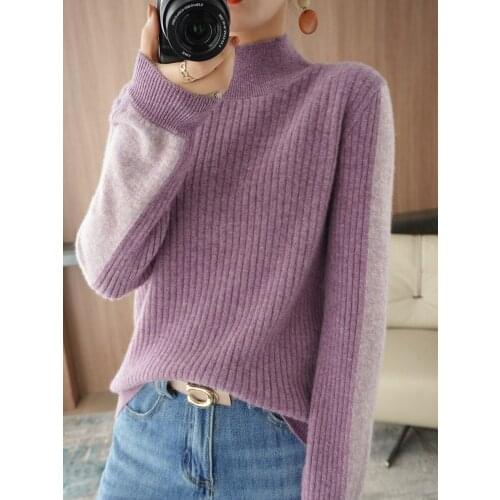Autumn And Winter New Knitted Cashmere Sweater Womens Half High Neck Pullover Sweater Color Matching Inner Wool Base Shirt
