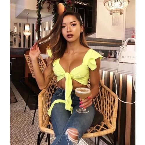 Summer New Sexy Women Short Sleeve Crop Top Bandage Bowknot Front Ladies Short Vest Tanks Top Casual Plain Shirt Clothing