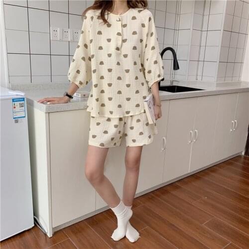 Bear cartoon soft gauze cotton pajama set women loungewear apricot sweet short sleeve summer 2 piece set night suit plaid Y717