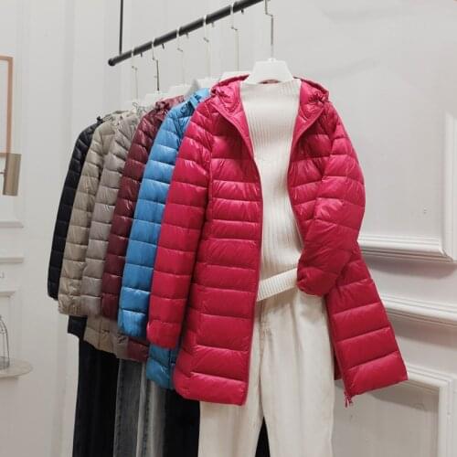 Women 90% White Duck Down Jacket Autumn Female Ultra Light long Down Jackets Slim Solid Long Sleeve Hooded Parkas Candy Color