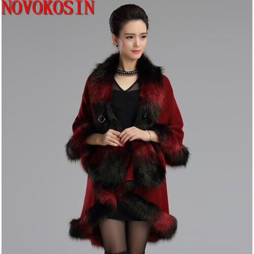 SC154 2018 Winter Warm Hanging Fake Fox Fur Long Knitted 2 Layer Pashmina Cape Hit Color Sweater Women European Cardigan Coat