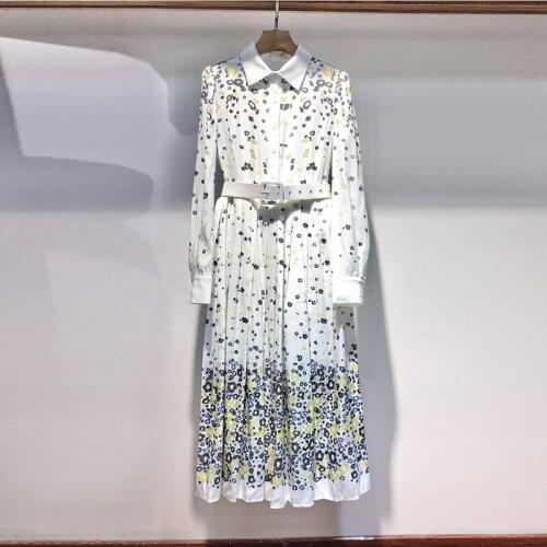 New Designer Womens Autumn Floral print long sleeves pleated dress High quality Elegant vintage Belt Dress C932