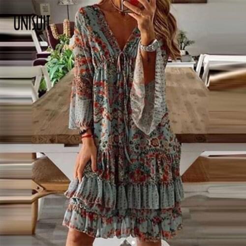 Autumn Party Dress Vintage Double Ruffles Loose Lady Dress 2021 Women Floral Print V Neck A-Line Dress Long Sleeve Spring Dress