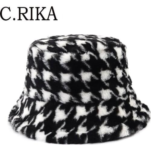 2021 Fashion Faux Fur Houndstooth Bucket Hat Women Outdoor Vacation Ladies Girl Panama Winter Thick Soft Warm Velvet Fishing Cap