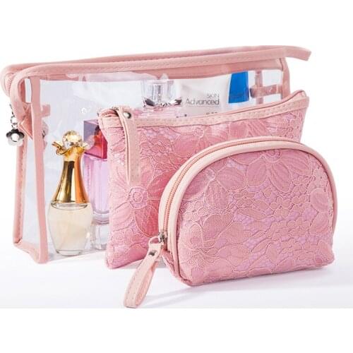 3pcs/Set Fashion Lace Cosmetic Bags Women Zipper Makeup Large CapacityTravel Make Up Storage Toiletry Beauty Pouch