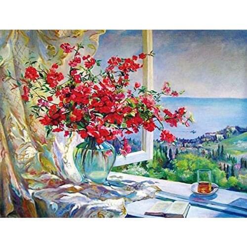 5D Diamond Painting Kits Flower Window Full Round DIY Cross Stitch Pattern Rhinestone Embroidery Art Craft Wall Sticker