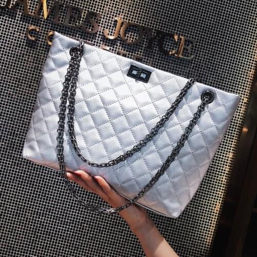 Big Silver Shopper Bags for Women Luxury Large Leather Shoulder Bag Diamond Lattice Tote Bag Female Chain Quilted Plaid Handbags