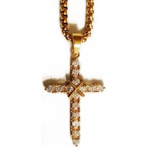 New Stainless steel Gold Color AAA+ zircon Cross Pendant Necklace Chain For Women And Man