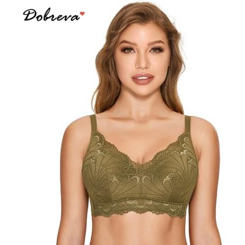 DOBREVA Womens Plus Size Smooth Wireless Floral Lace Bra Full Coverage Bralette Padded