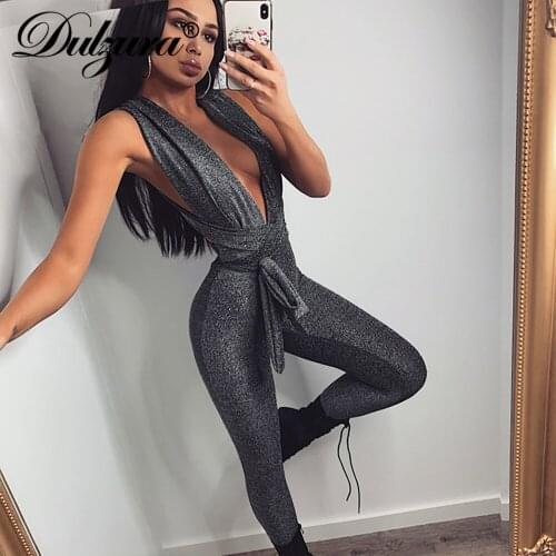Dulzura Bling Glitter Women Sleeveless Deep V Neck Lace Up Strap Jumpsuit Cross Skinny Sexy Streetwear Party Club 2021 Autumn